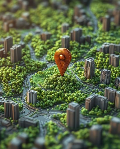 Map with a 3D location pin in a green urban area, ecofriendly city concept, bright and futuristic Map with a 3D location pin in a green urban area, ecofriendly city concept, bright and futuristic