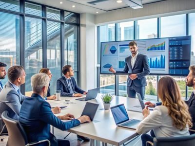 Business meeting in a modern office with a man presenting data on a large screen. Business meeting in a modern office with a man presenting data on a large screen.